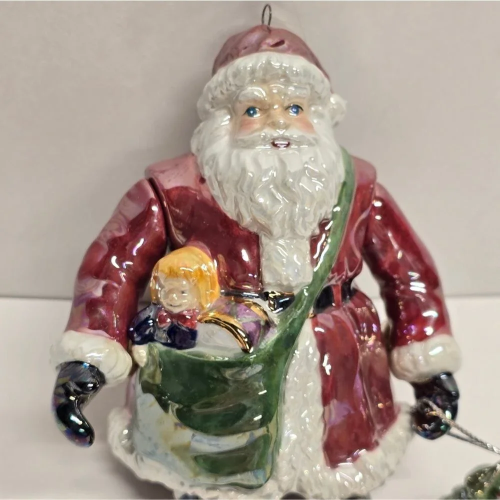 Vintage Dept 56 Ceramic Santa Christmas Ornament Jointed Iridescent Glaze
